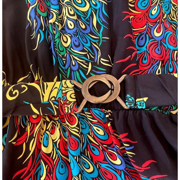 Rare Y2K 100% Silk Peacock Print Dress | Belted, Vintage Catwalk to Sidewalk, L - Picture 2 of 5